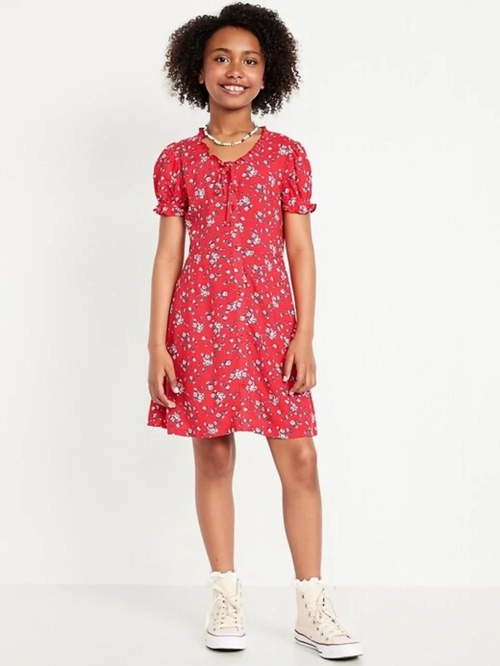 Old Navy Button Front Fit & Flare Dress Girls XS 5 Red Floral Puff Sleeve